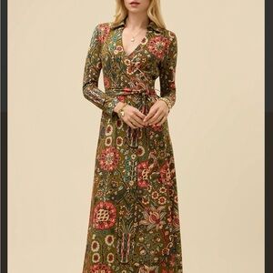 Spartina 449 Olive Floral Wrap Maxi Dress with Coral Accents